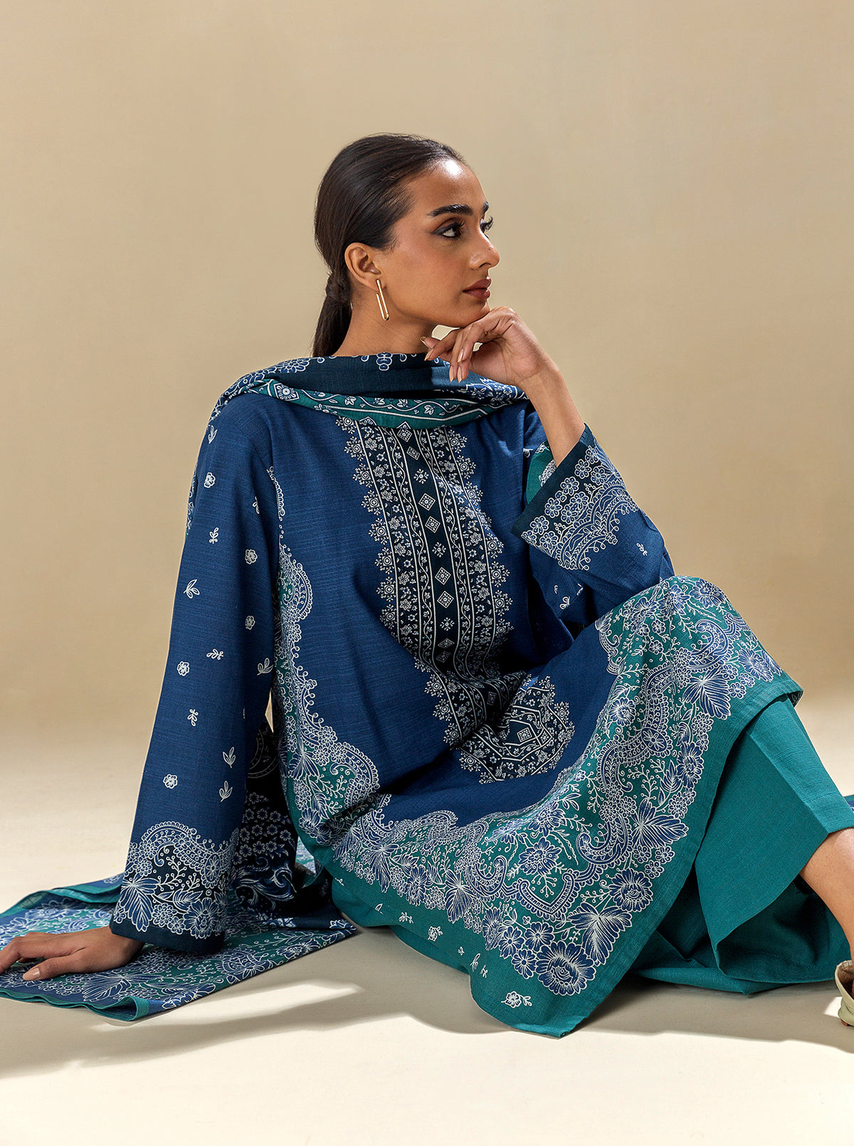3 PIECE - PRINTED KHADDAR SUIT - BLUE BELLE MORBAGH WN_23   