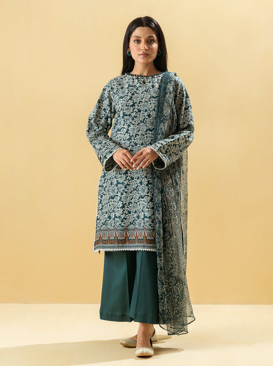 3 PIECE - PRINTED LAWN SUIT - ANTIQUE NAVY MORBAGH SU_22   