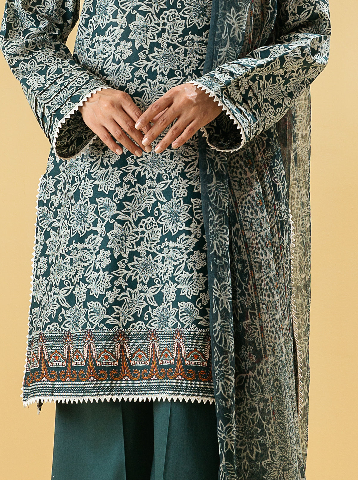 3 PIECE - PRINTED LAWN SUIT - ANTIQUE NAVY MORBAGH SU_22   