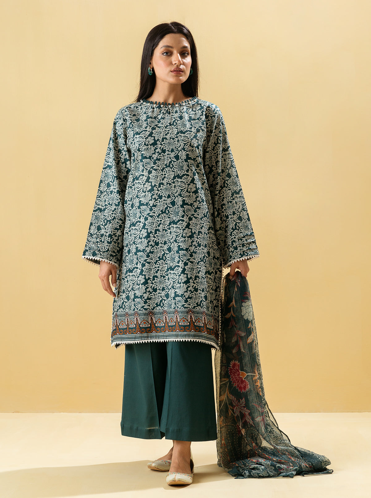 3 PIECE - PRINTED LAWN SUIT - ANTIQUE NAVY MORBAGH SU_22   