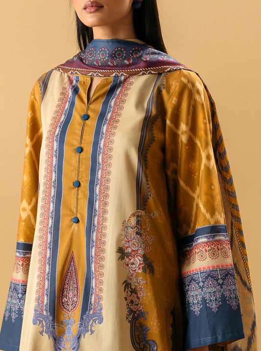 3 PIECE - PRINTED LAWN SUIT - MUTED  MUSTARD MORBAGH SU_22   