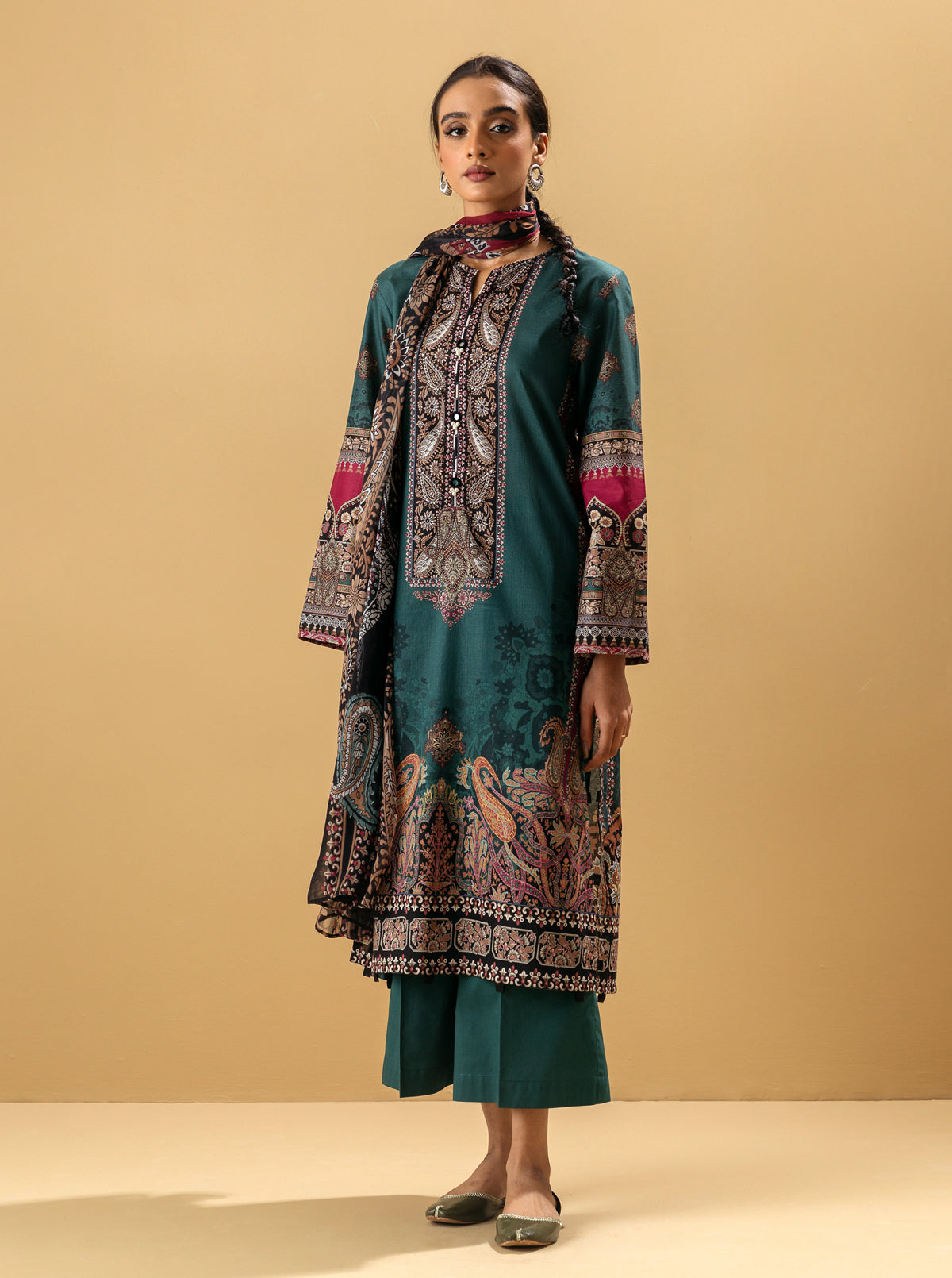 3 PIECE - PRINTED LAWN SUIT - TEAL TIDE MORBAGH SU_22   