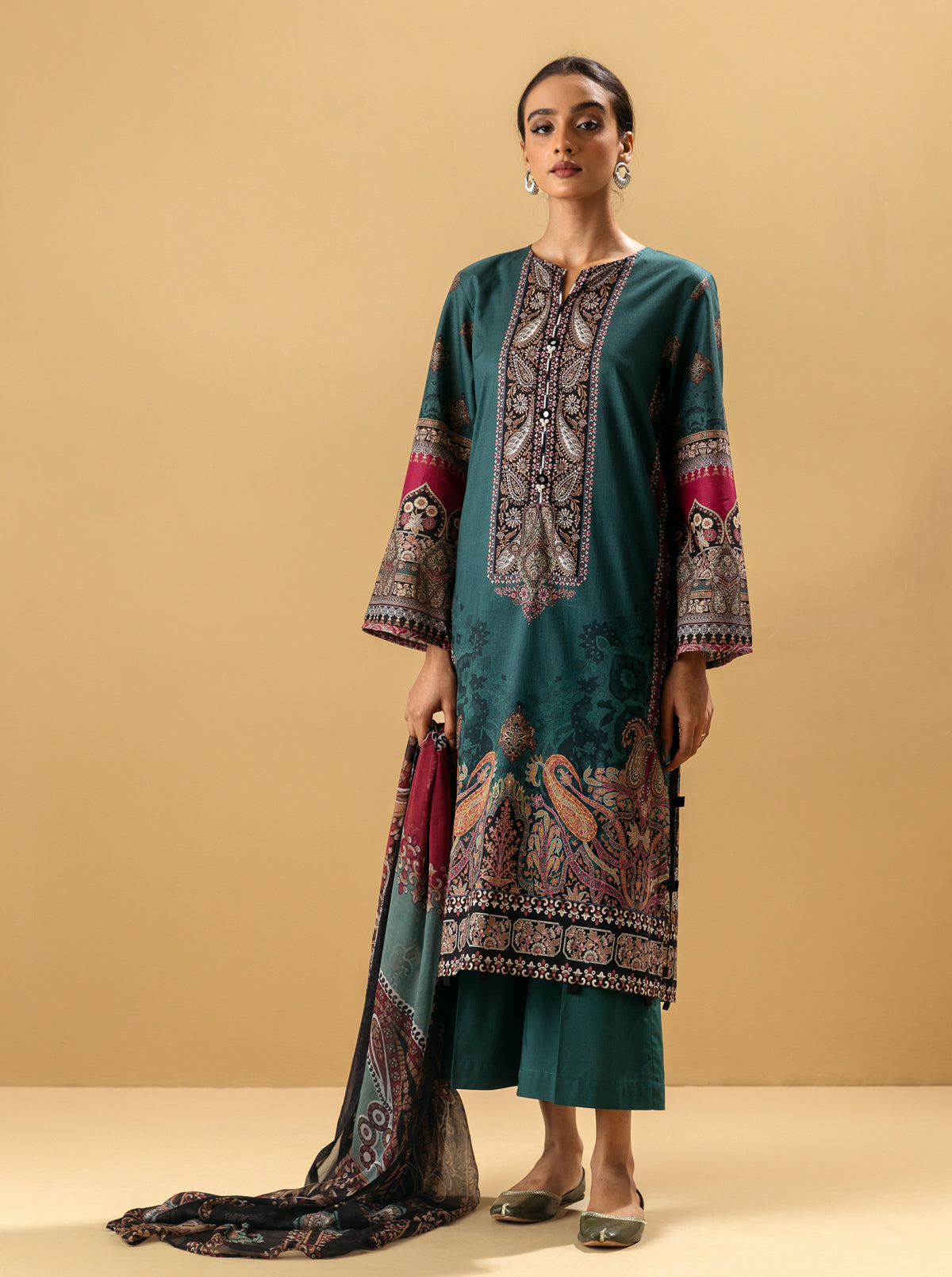 3 PIECE - PRINTED LAWN SUIT - TEAL TIDE MORBAGH SU_22   