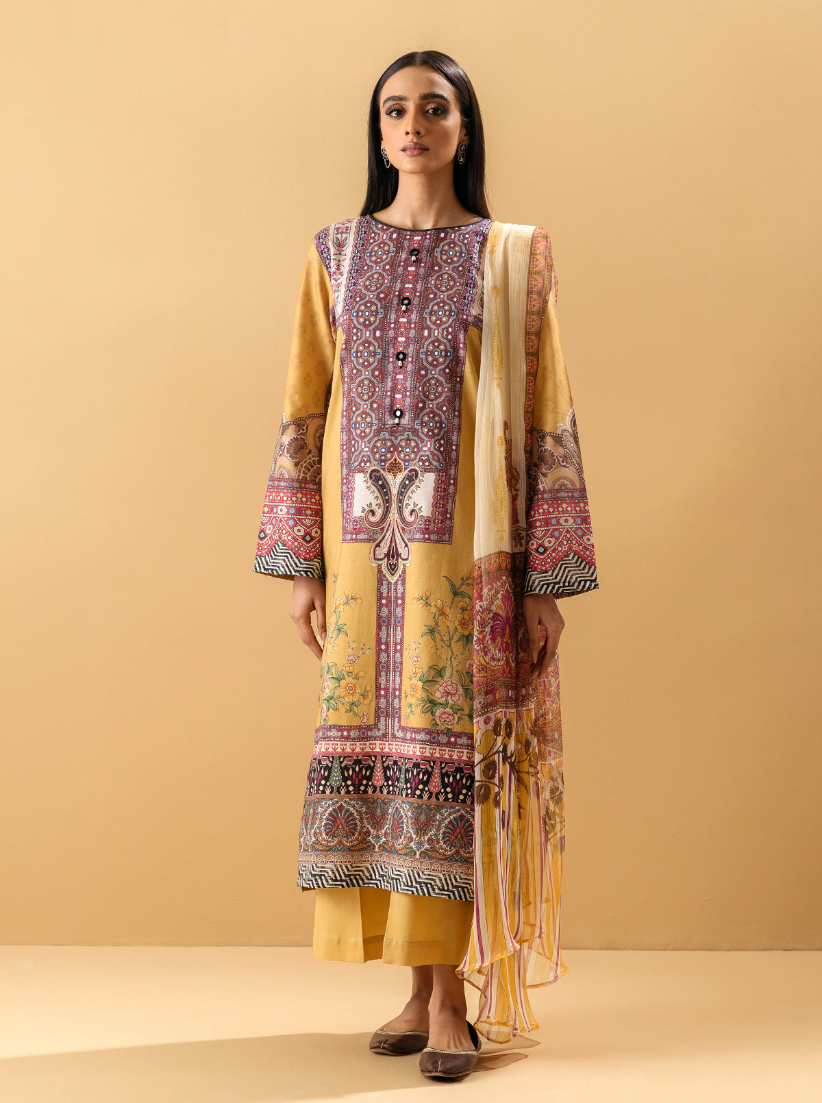 3 PIECE - PRINTED LAWN SUIT - YELLOW OCHRE MORBAGH SU_22   