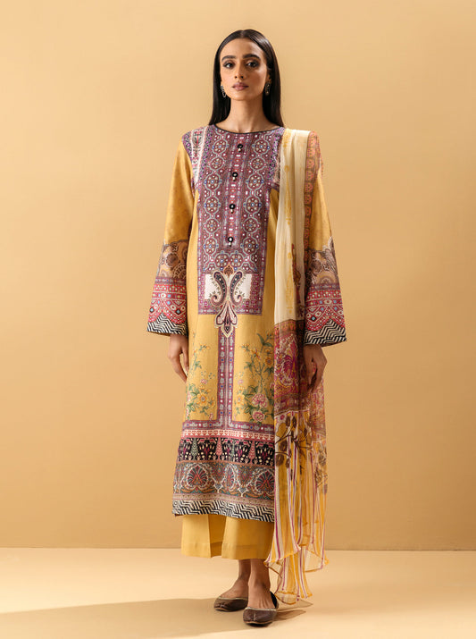 3 PIECE - PRINTED LAWN SUIT - YELLOW OCHRE MORBAGH SU_22   