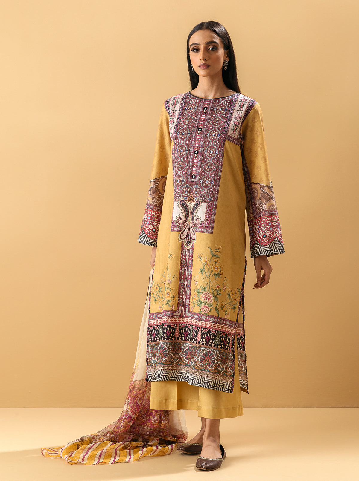 3 PIECE - PRINTED LAWN SUIT - YELLOW OCHRE MORBAGH SU_22   