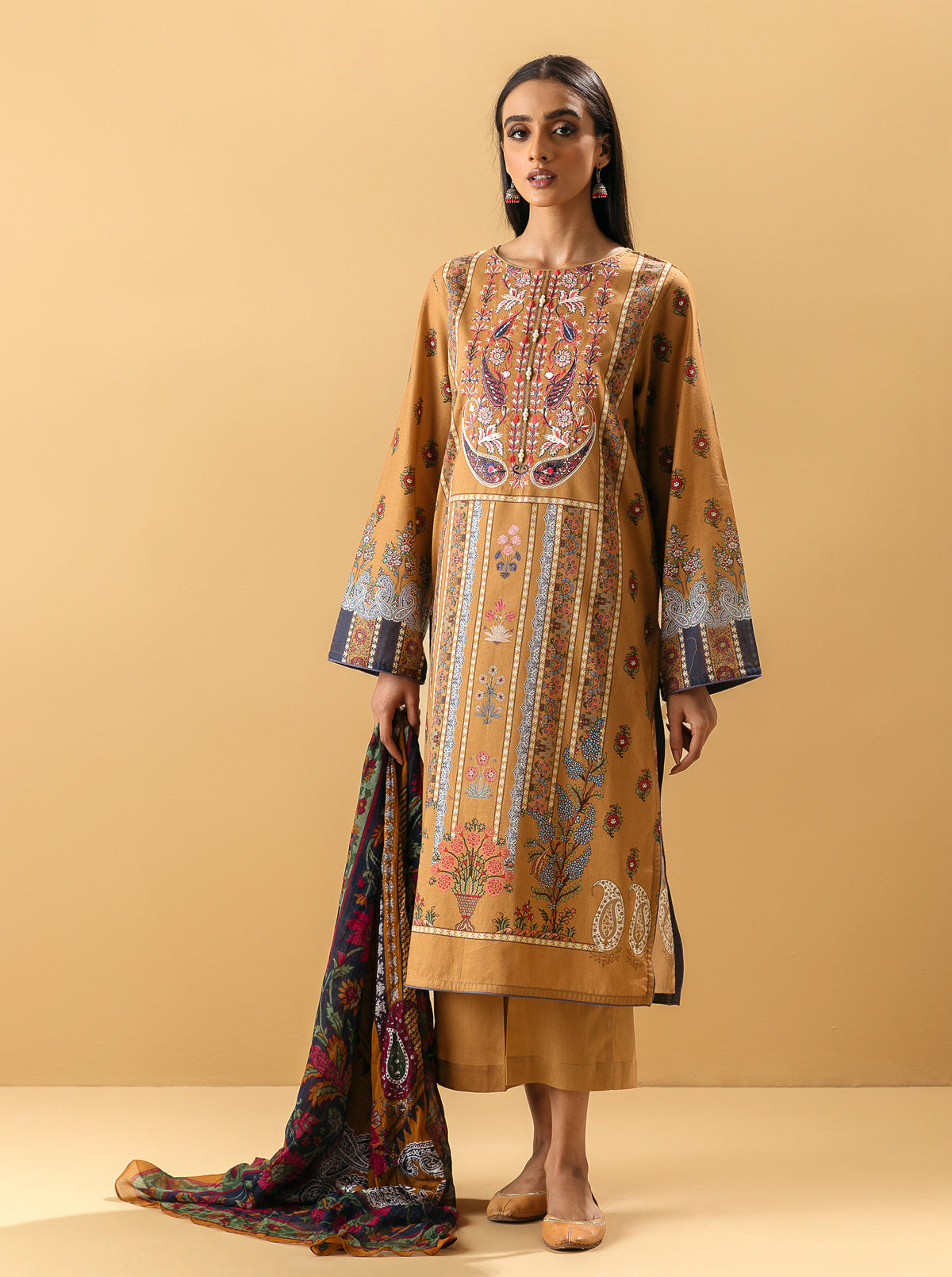 3 PIECE - EMBROIDERED LAWN SUIT - APRICOT TAN MORBAGH SU_22   