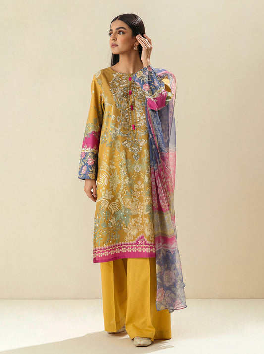 3 PIECE - EMBROIDERED LAWN SUIT - HONEY GOLD MORBAGH SU_23   