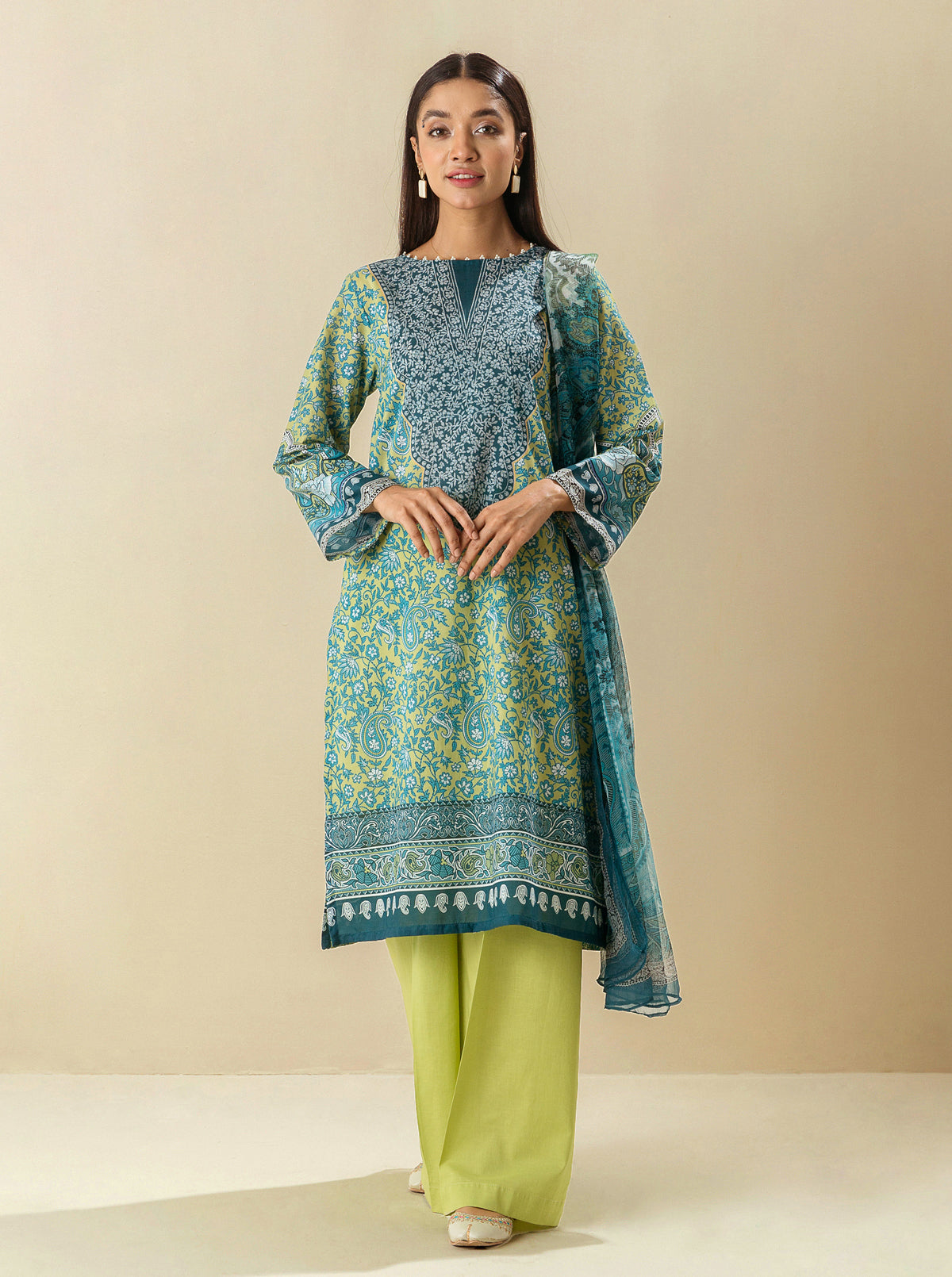 3 PIECE - PRINTED LAWN SUIT - LIME GARDEN MORBAGH SU_23   