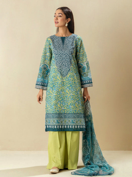 3 PIECE - PRINTED LAWN SUIT - LIME GARDEN MORBAGH SU_23   