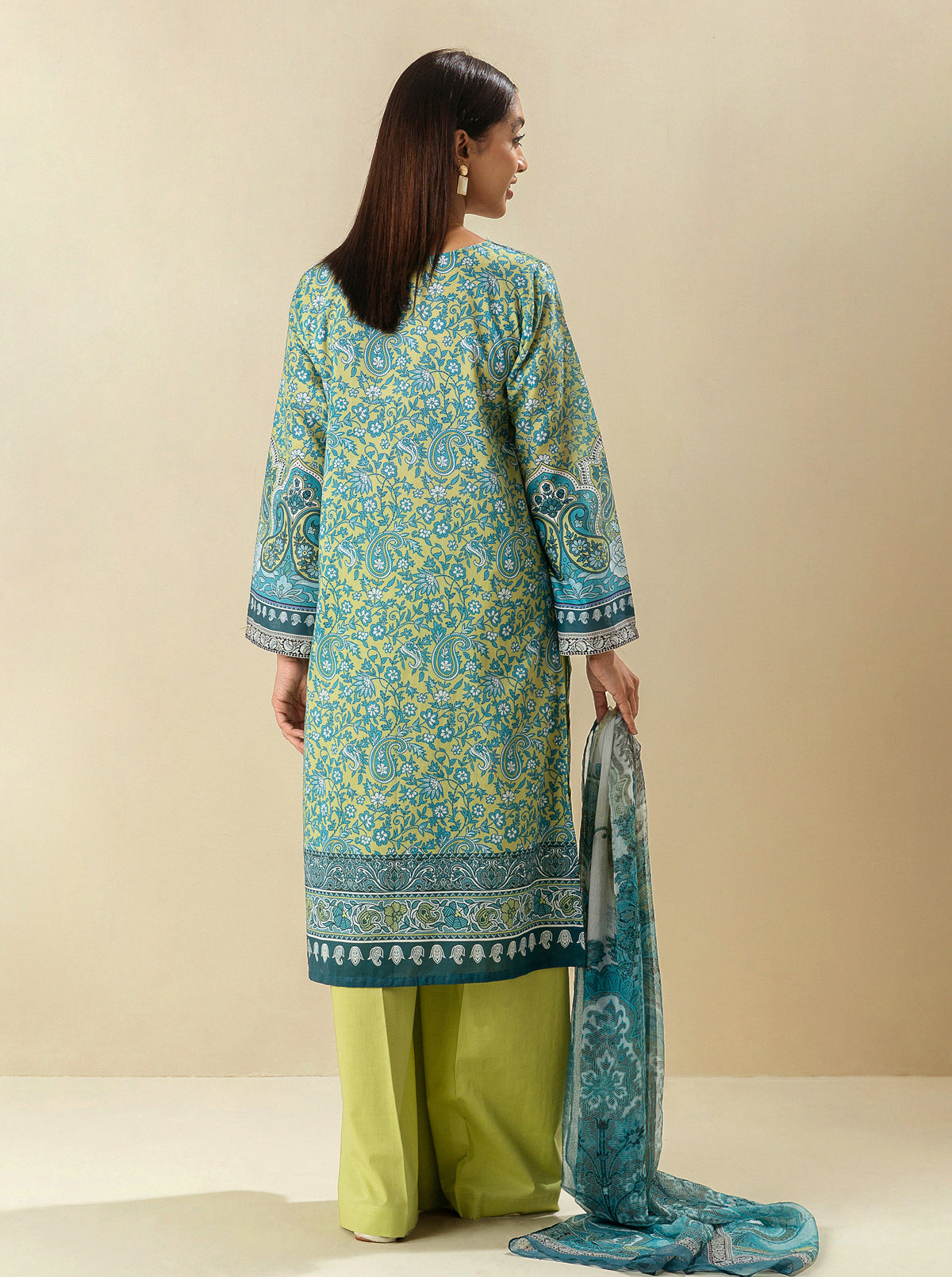 3 PIECE - PRINTED LAWN SUIT - LIME GARDEN MORBAGH SU_23   