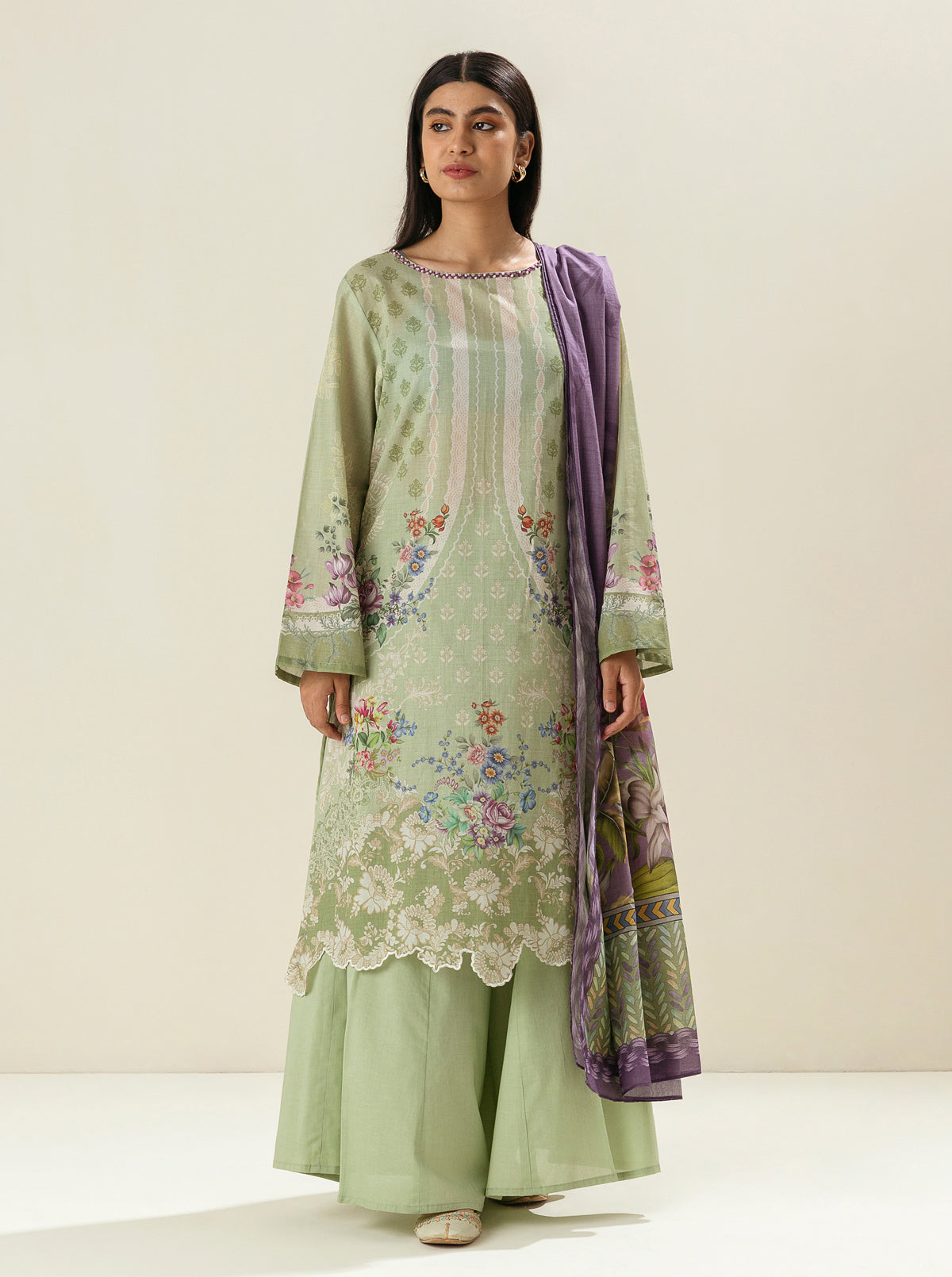 3 PIECE - PRINTED LAWN SUIT - FRESHLY GREEN MORBAGH SU_23   