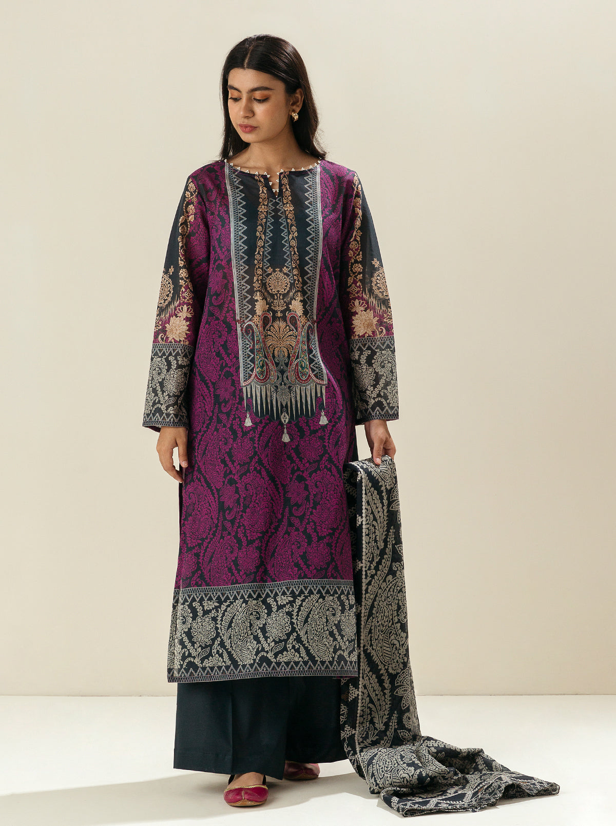 3 PIECE - PRINTED LAWN SUIT -MYSTERY PINK MORBAGH SU_23   