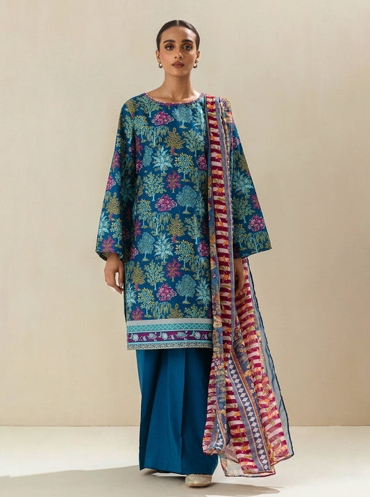 3 PIECE - PRINTED LAWN SUIT - COASTAL BLUE MORBAGH SU_23   