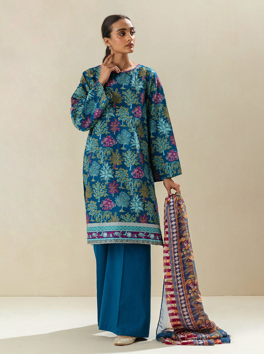3 PIECE - PRINTED LAWN SUIT - COASTAL BLUE MORBAGH SU_23   