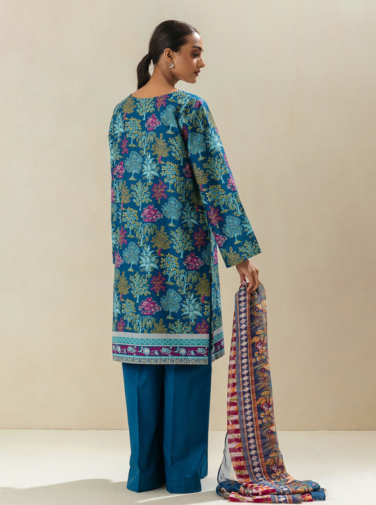 3 PIECE - PRINTED LAWN SUIT - COASTAL BLUE MORBAGH SU_23   