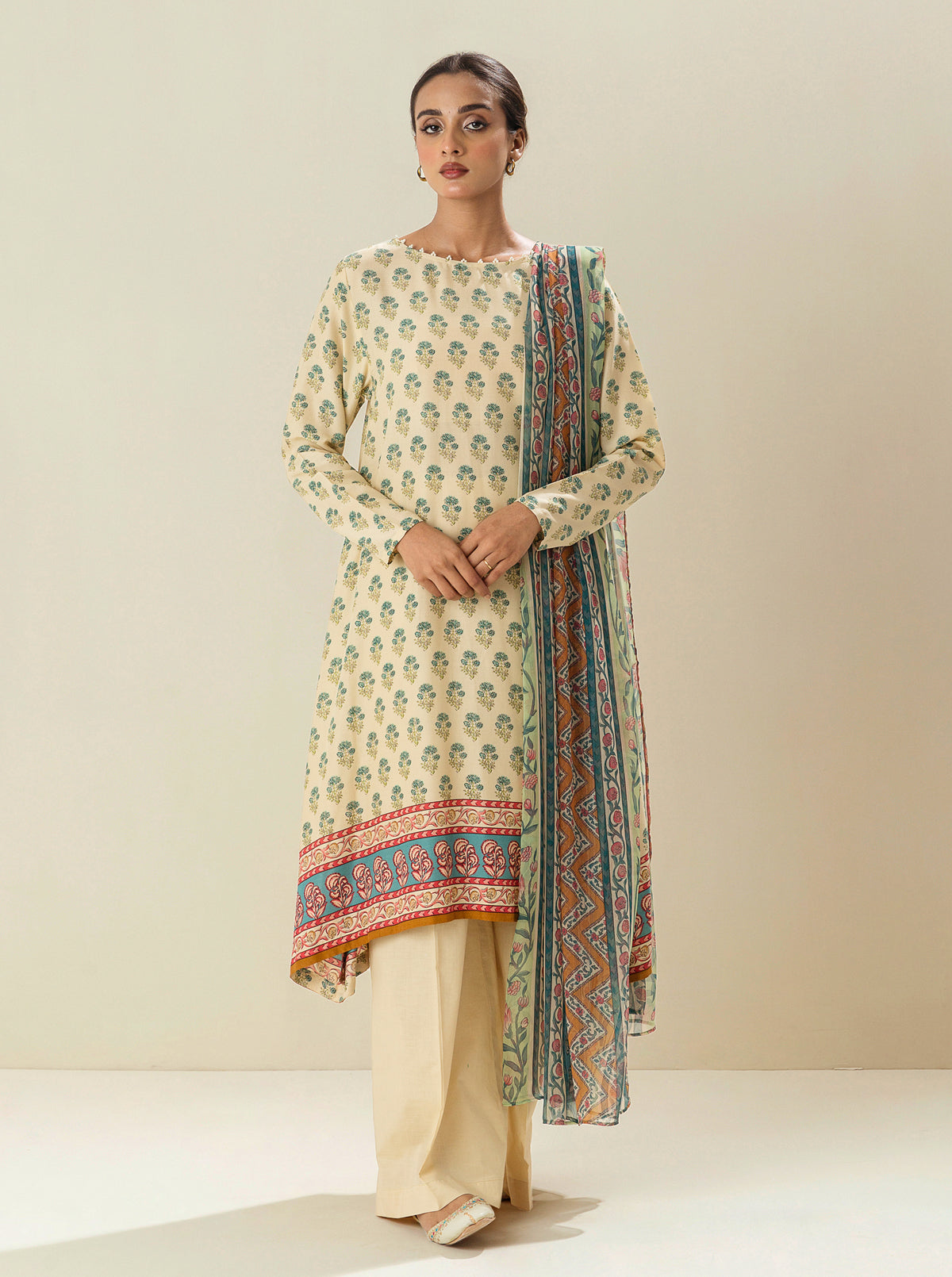 3 PIECE - PRINTED VISCOSE SUIT - LATTE FROTH BT-MORBAGH SU_24   