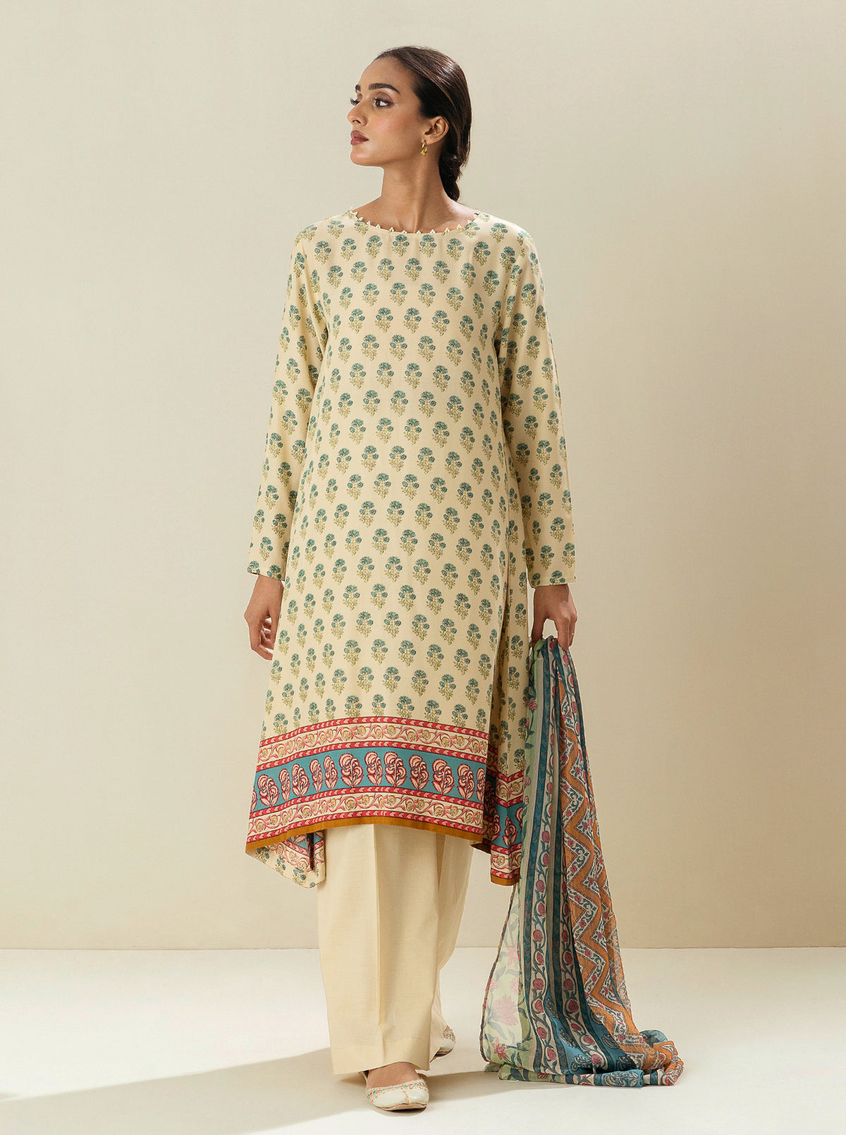 3 PIECE - PRINTED VISCOSE SUIT - LATTE FROTH BT-MORBAGH SU_24   