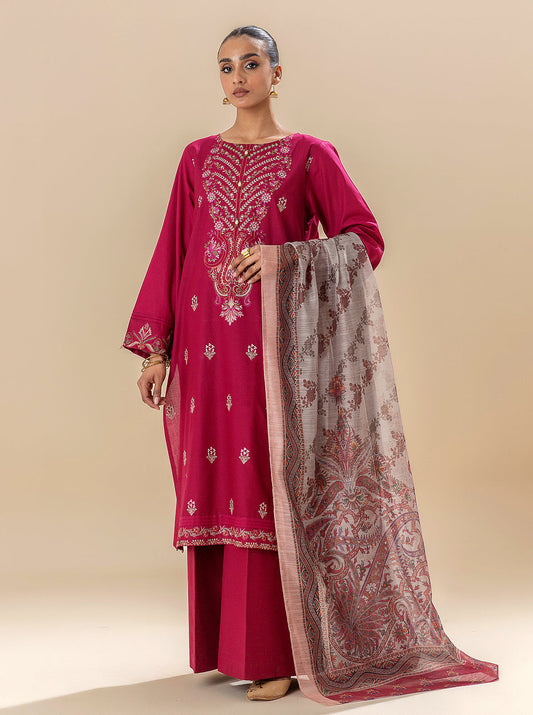 3 PIECE EMBROIDERED LAWN SUIT-RASPBERRY COULIS BT-MORBAGH SU_24   