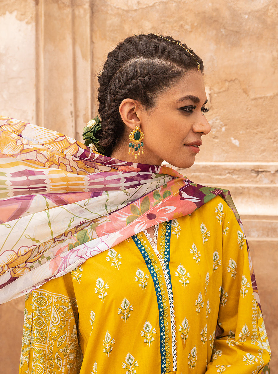 3 PIECE - PRINTED LAWN SUIT - YELLOW OCHRE MORBAGH SU_21   