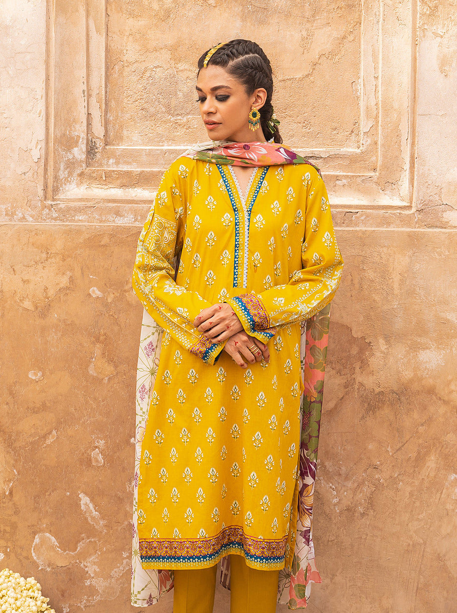 3 PIECE - PRINTED LAWN SUIT - YELLOW OCHRE MORBAGH SU_21   