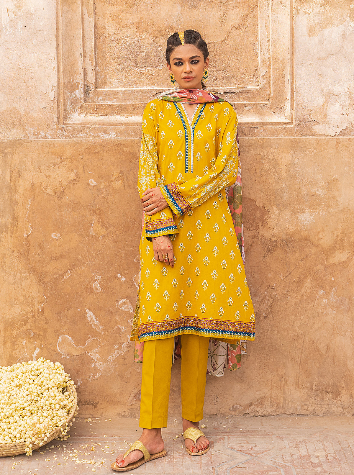 3 PIECE - PRINTED LAWN SUIT - YELLOW OCHRE MORBAGH SU_21   