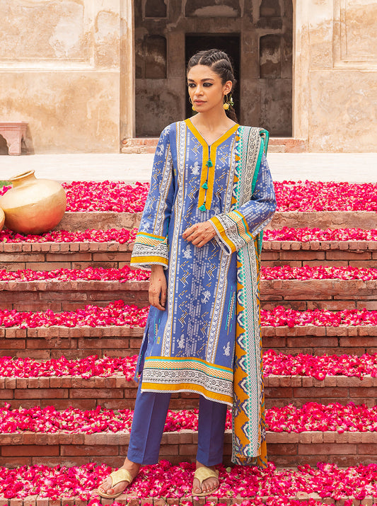 3 PIECE - PRINTED LAWN SUIT - BLUE GAZE MORBAGH SU_21   
