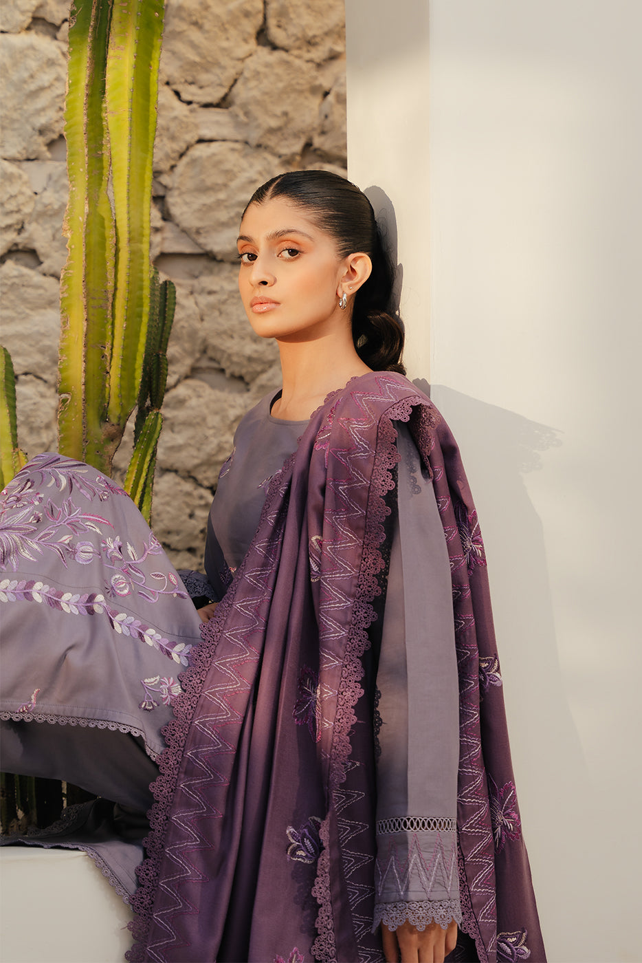 3 PIECE - EMBROIDERED COTTON SATIN SUIT WITH EMBROIDERED SHAWL - FOSSIL MAUVE (UNSTITCHED) - BEECHTREE