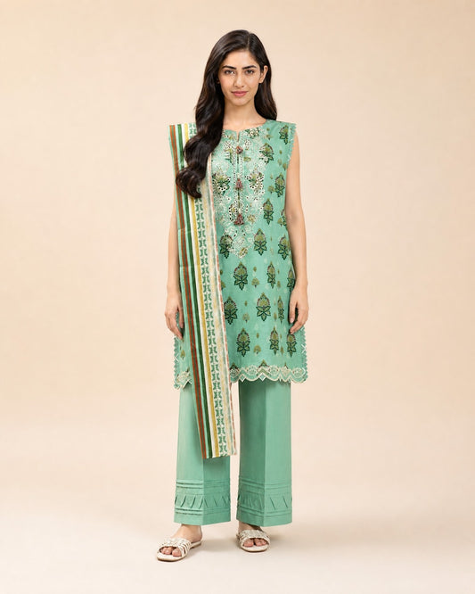 3 PIECE EMBROIDERED LAWN SUIT-FERN MIST (UNSTITCHED)