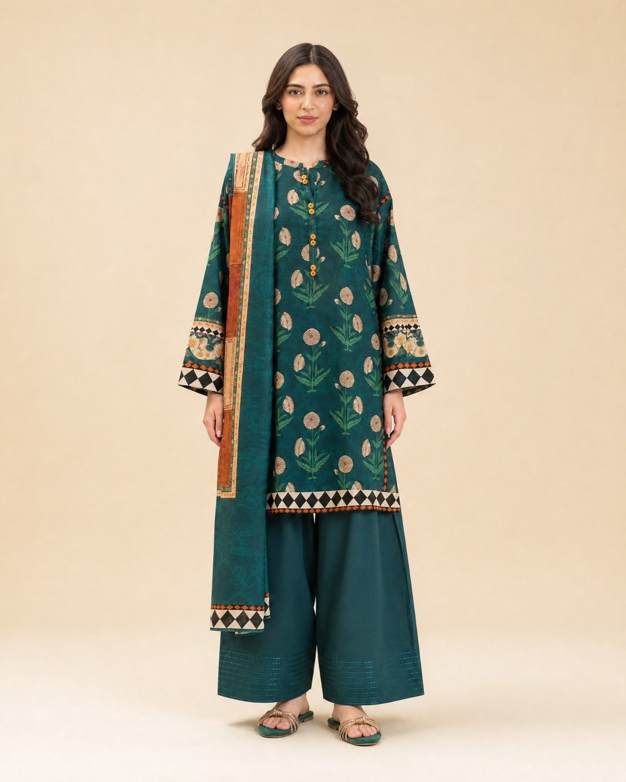 3 PIECE PRINTED LAWN SUIT-EMERALD SLATE (UNSTITCHED)