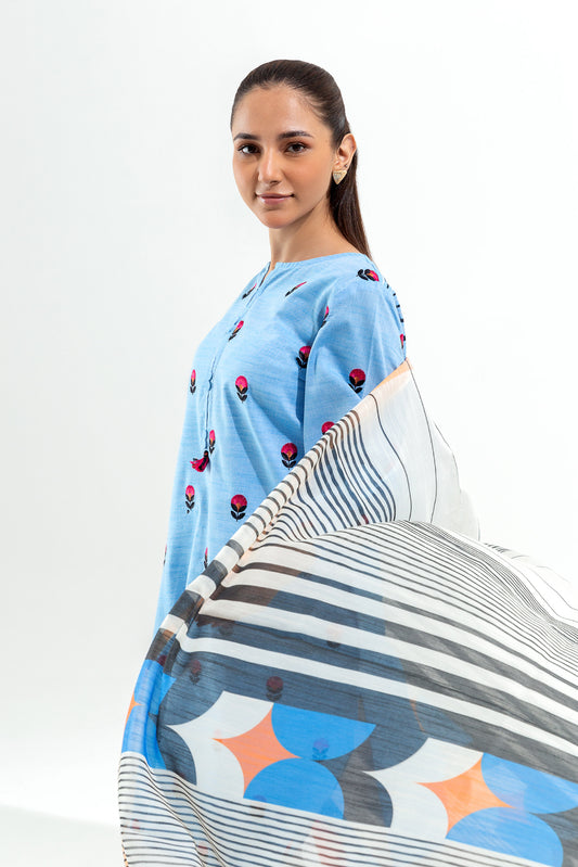 2 PIECE EMBROIDERED CHAMBRAY SUIT (PRET)