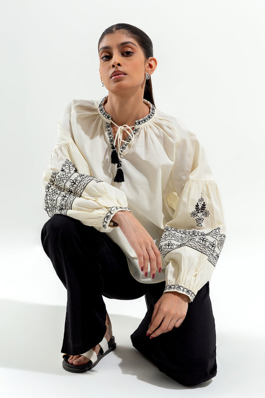 EMBROIDERED BOHO BAND COLLAR SHIRT