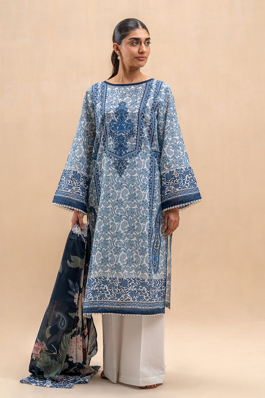 3 PIECE PRINTED LAWN SUIT-CAROLINA HUES (UNSTITCHED)