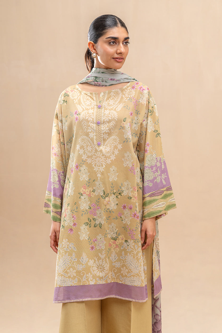 3 PIECE PRINTED LAWN SUIT-LIME GARDEN (UNSTITCHED)