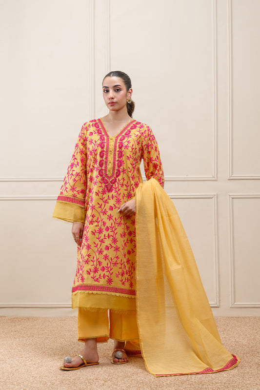 3 PIECE EMBROIDERED PAPER COTTON SUIT (PRET)