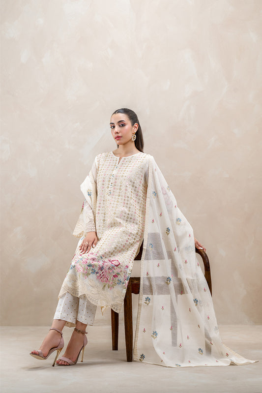 3 PIECE EMBROIDERED COTTON NET SUIT (LUXURY-PRET)