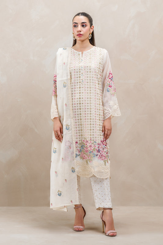 3 PIECE EMBROIDERED COTTON NET SUIT (LUXURY-PRET)