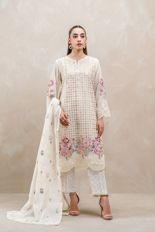 3 PIECE EMBROIDERED COTTON NET SUIT (LUXURY-PRET)