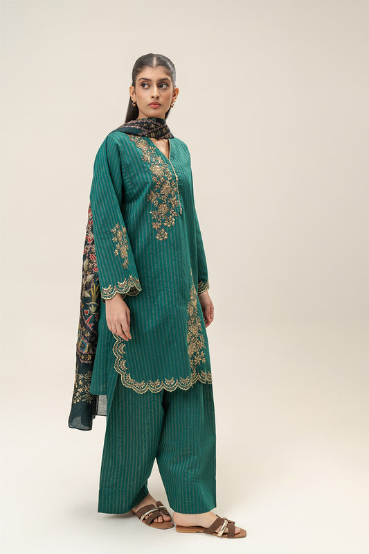 3 PIECE EMBROIDERED TWO TONE WITH BADLA STRIPES SUIT (PRET)
