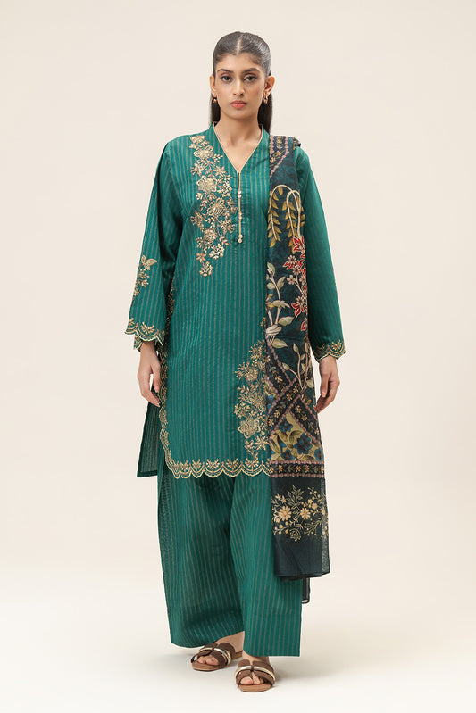 3 PIECE EMBROIDERED TWO TONE WITH BADLA STRIPES SUIT (PRET)