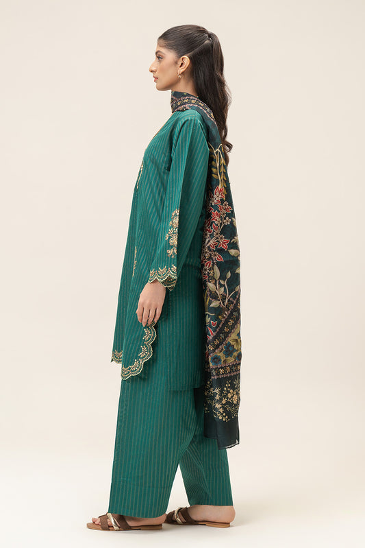 3 PIECE EMBROIDERED TWO TONE WITH BADLA STRIPES SUIT (PRET)
