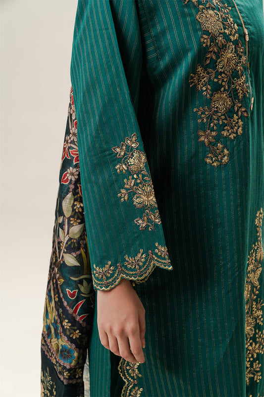 3 PIECE EMBROIDERED TWO TONE WITH BADLA STRIPES SUIT (PRET)