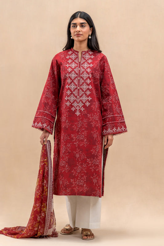 2 PIECE EMBROIDERED LAWN SUIT-CURRANT RED (UNSTITCHED)