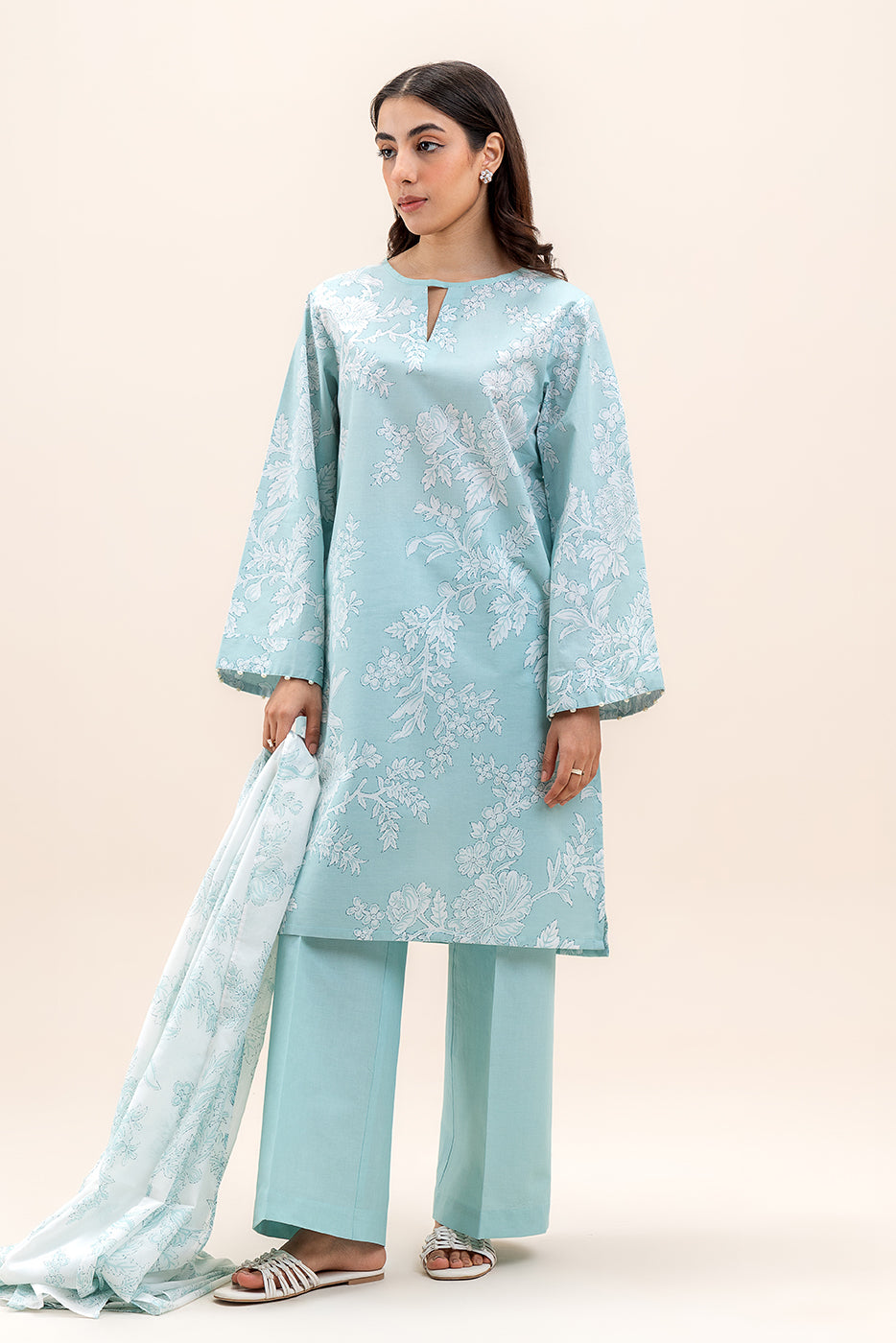 3 PIECE PRINTED LAWN SUIT-BLUE AURA (UNSTITCHED)