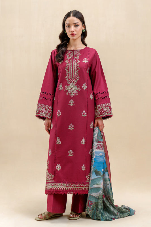 3 PIECE EMBROIDERED LAWN SUIT-ROSY ROUGE (UNSTITCHED)