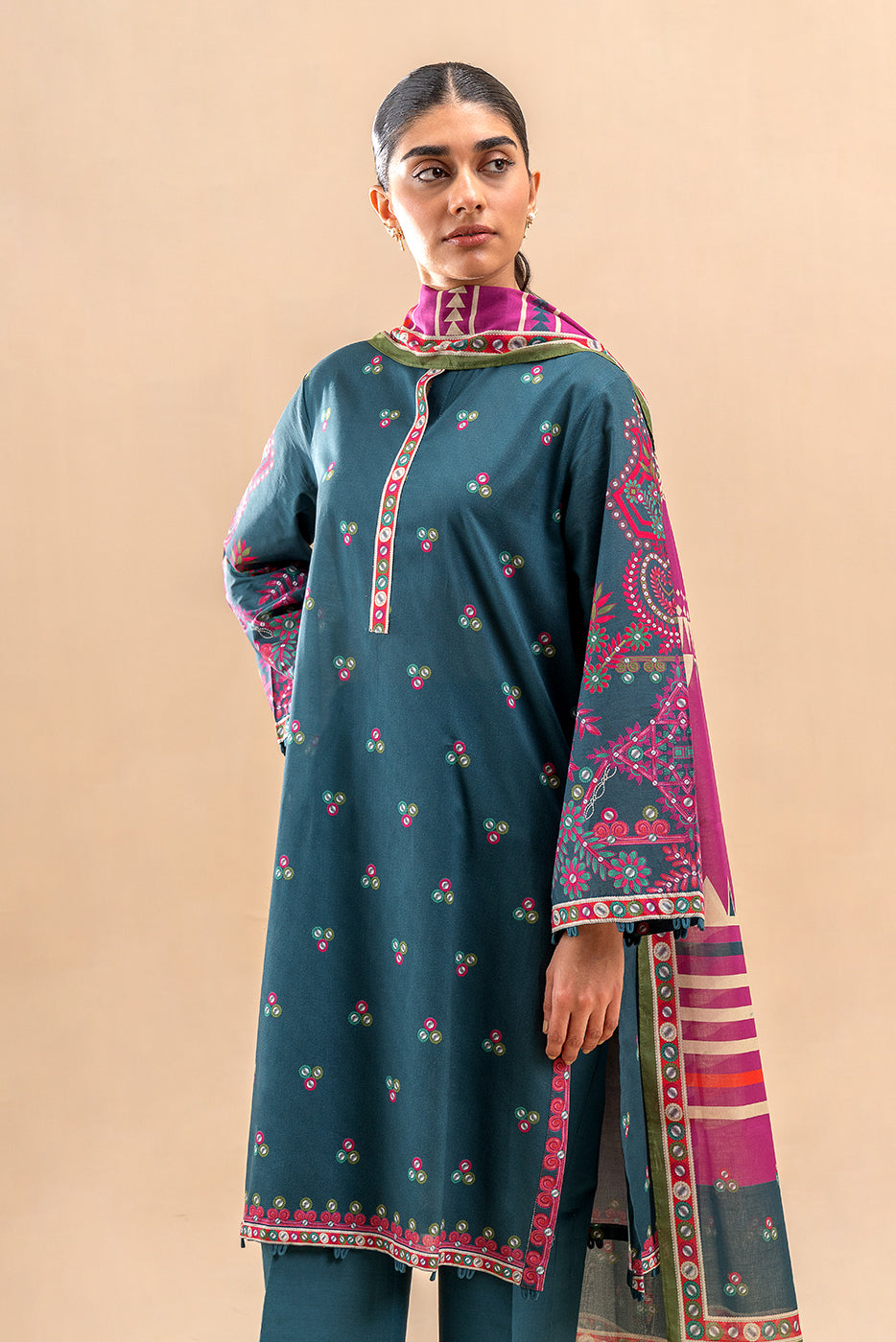 3 PIECE PRINTED LAWN SUIT-TRIBAL BLUE (UNSTITCHED)