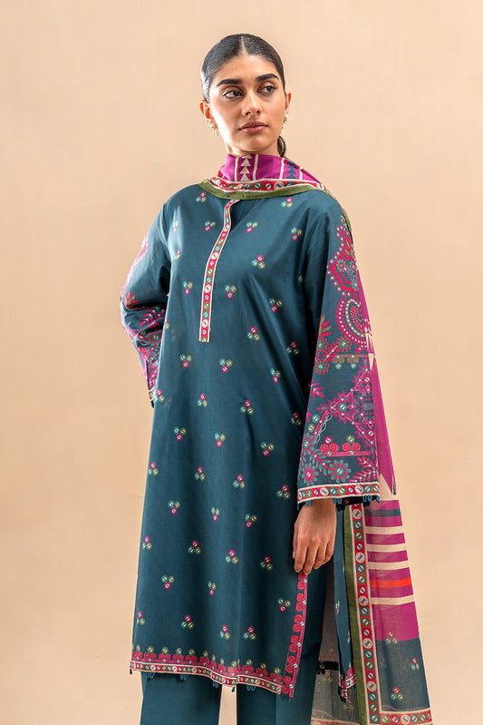 3 PIECE PRINTED LAWN SUIT-TRIBAL BLUE (UNSTITCHED)