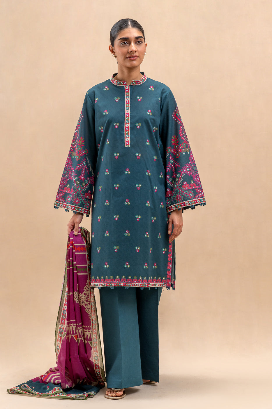 3 PIECE PRINTED LAWN SUIT-TRIBAL BLUE (UNSTITCHED)