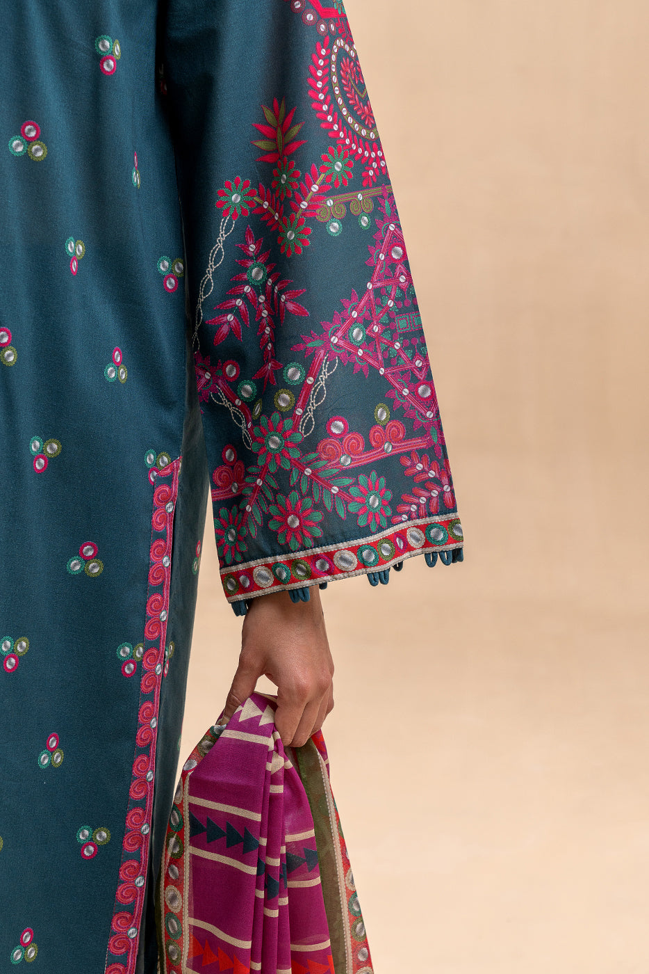 3 PIECE PRINTED LAWN SUIT-TRIBAL BLUE (UNSTITCHED)