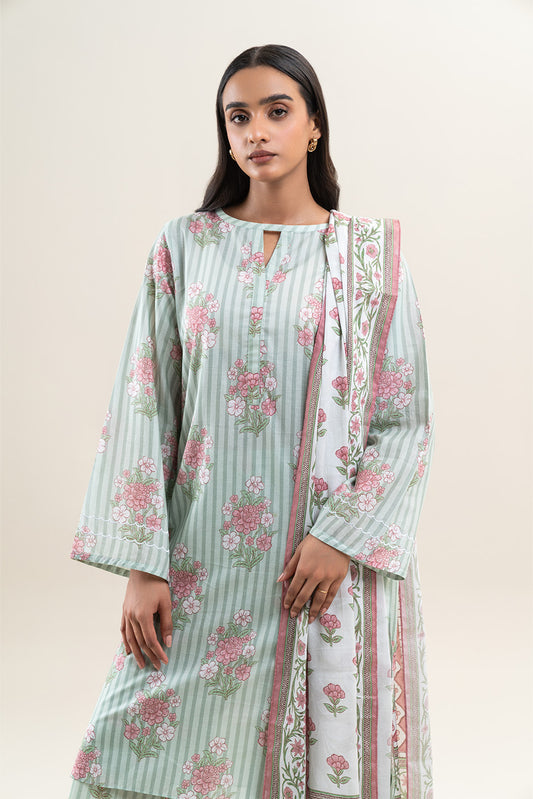 3 PIECE PRINTED LAWN SUIT-MINT BLOOM (UNSTITCHED)